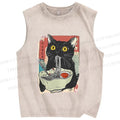 Unisex Cute Cat Eating Ramen Printed Washed Tank Top