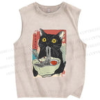 Unisex Cute Cat Eating Ramen Printed Washed Tank Top