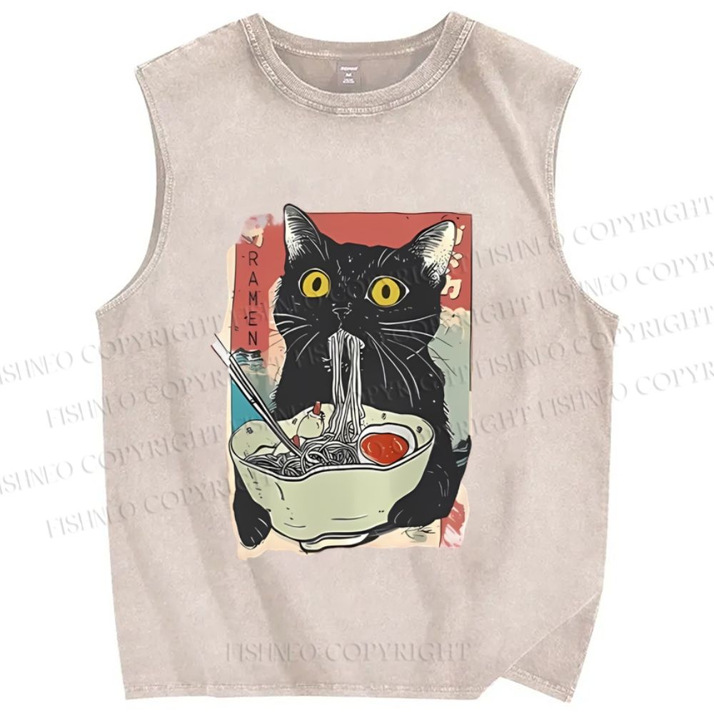 Unisex Cute Cat Eating Ramen Printed Washed Tank Top
