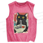 Unisex Cute Cat Eating Ramen Printed Washed Tank Top