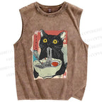 Unisex Cute Cat Eating Ramen Printed Washed Tank Top