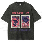 Unisex Japanese Art Stamp Printed Washed Tee
