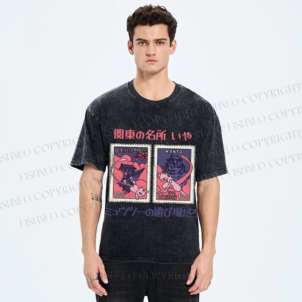 Unisex Japanese Art Stamp Printed Washed Tee