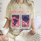 Unisex Japanese Art Stamp Printed Washed Tee