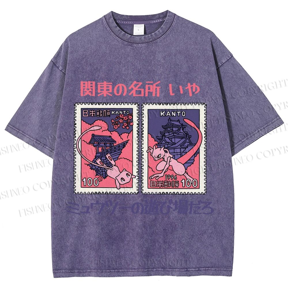 Unisex Japanese Art Stamp Printed Washed Tee
