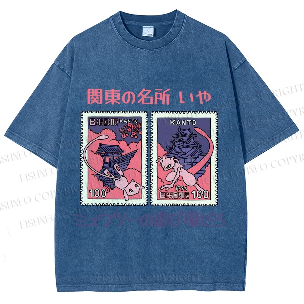 Unisex Japanese Art Stamp Printed Washed Tee