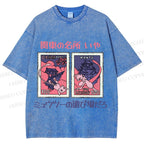 Unisex Japanese Art Stamp Printed Washed Tee