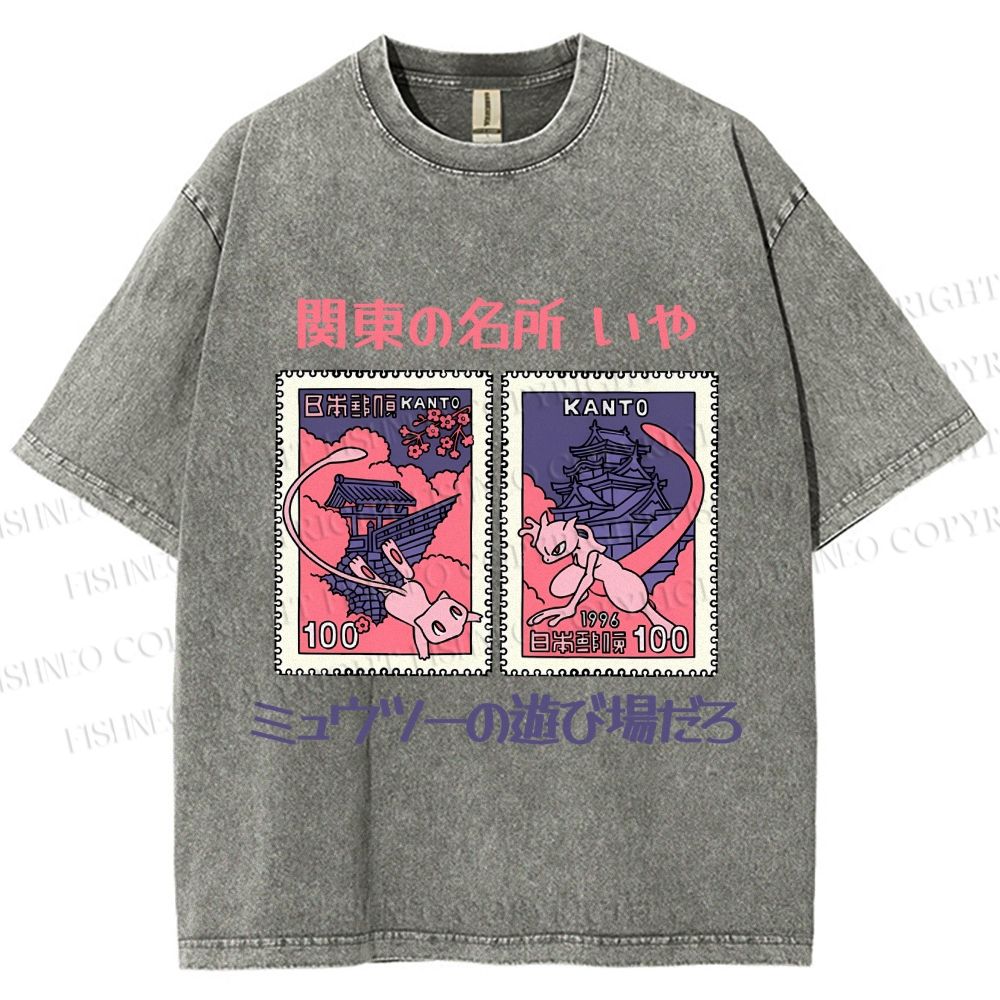 Unisex Japanese Art Stamp Printed Washed Tee