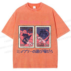 Unisex Japanese Art Stamp Printed Washed Tee