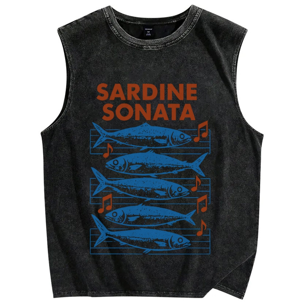 Unisex Sardines Sheet Music Printed Washed Tank Top