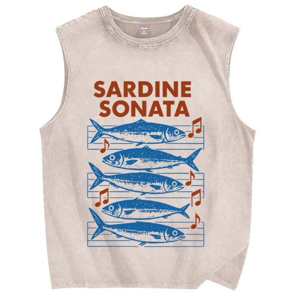 Unisex Sardines Sheet Music Printed Washed Tank Top
