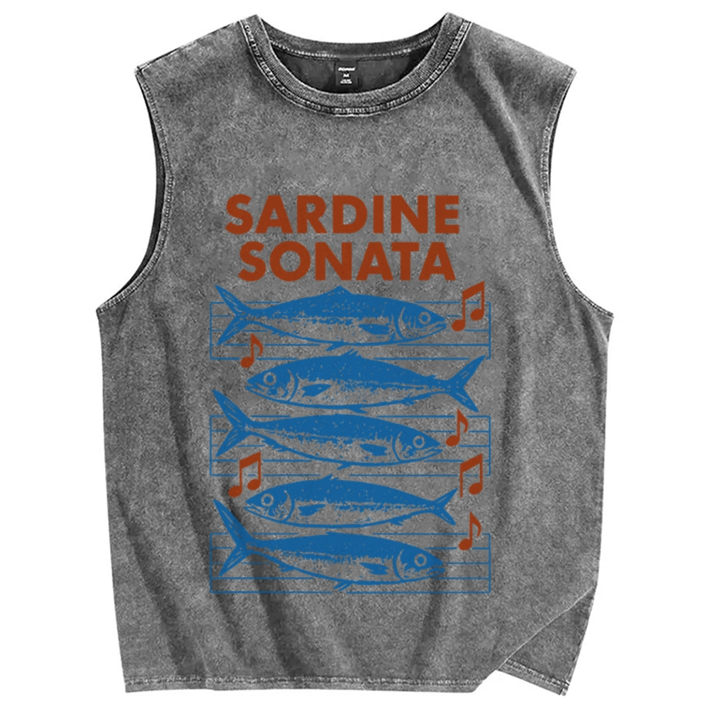 Unisex Sardines Sheet Music Printed Washed Tank Top