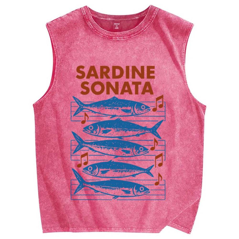 Unisex Sardines Sheet Music Printed Washed Tank Top