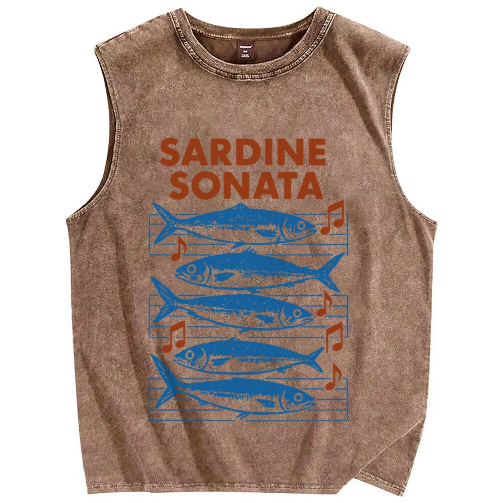 Unisex Sardines Sheet Music Printed Washed Tank Top
