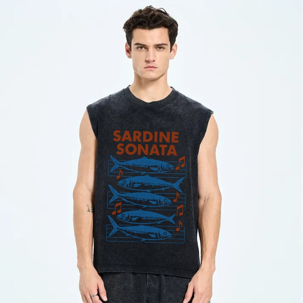 Unisex Sardines Sheet Music Printed Washed Tank Top