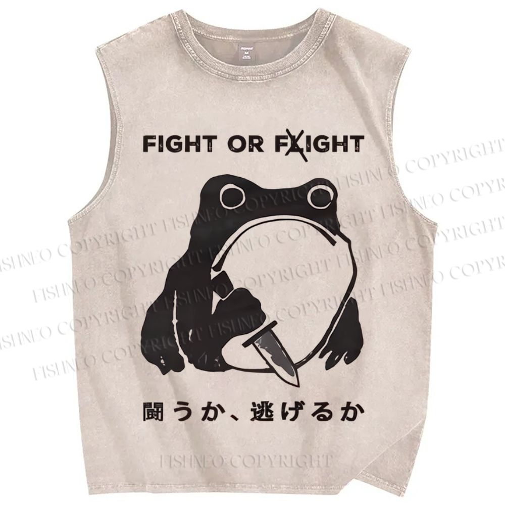 Unisex Fight Or Flight Funny Frog Printed Washed Tank Top