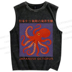Unisex Retro Japanese Octopus Printed Washed Tank Top
