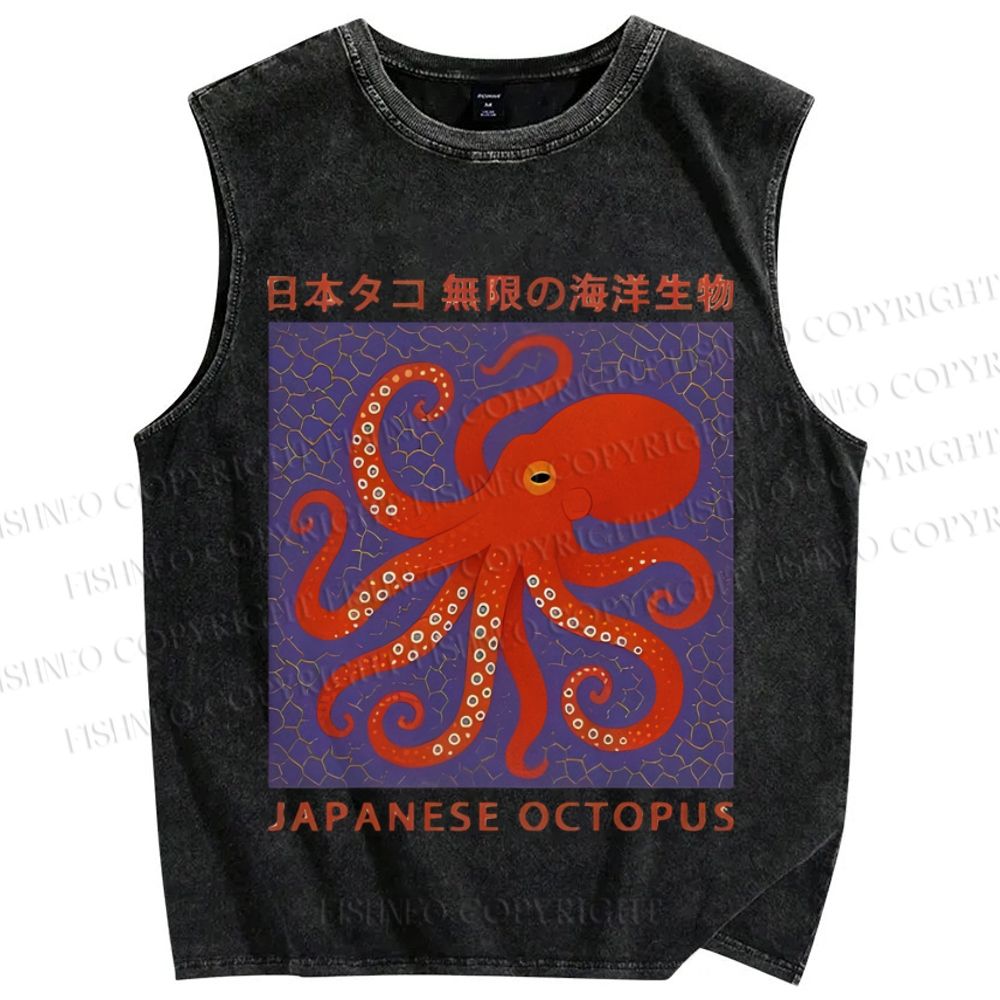 Unisex Retro Japanese Octopus Printed Washed Tank Top