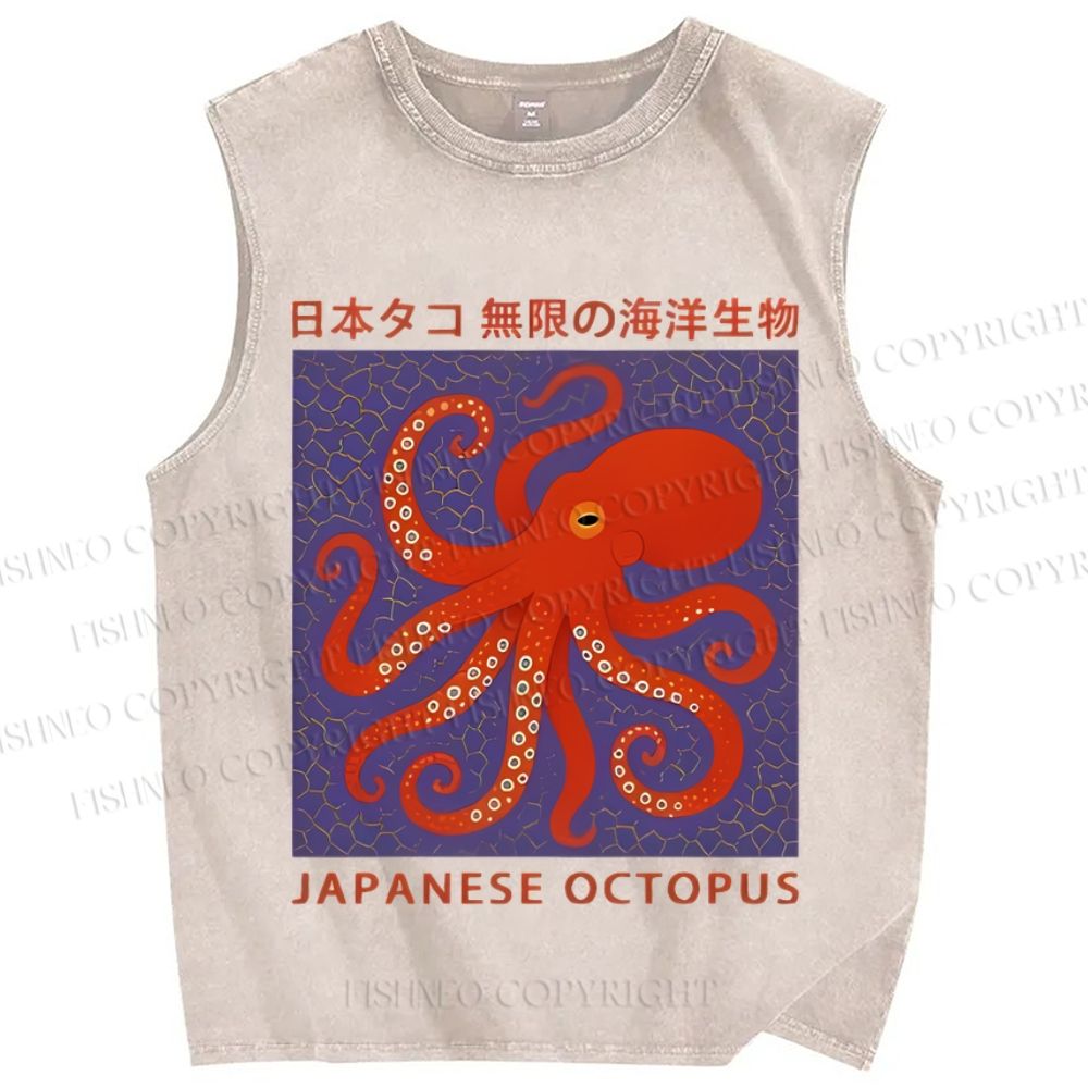 Unisex Retro Japanese Octopus Printed Washed Tank Top