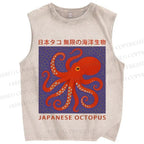 Unisex Retro Japanese Octopus Printed Washed Tank Top