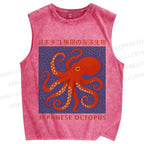 Unisex Retro Japanese Octopus Printed Washed Tank Top