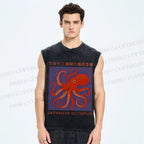 Unisex Retro Japanese Octopus Printed Washed Tank Top