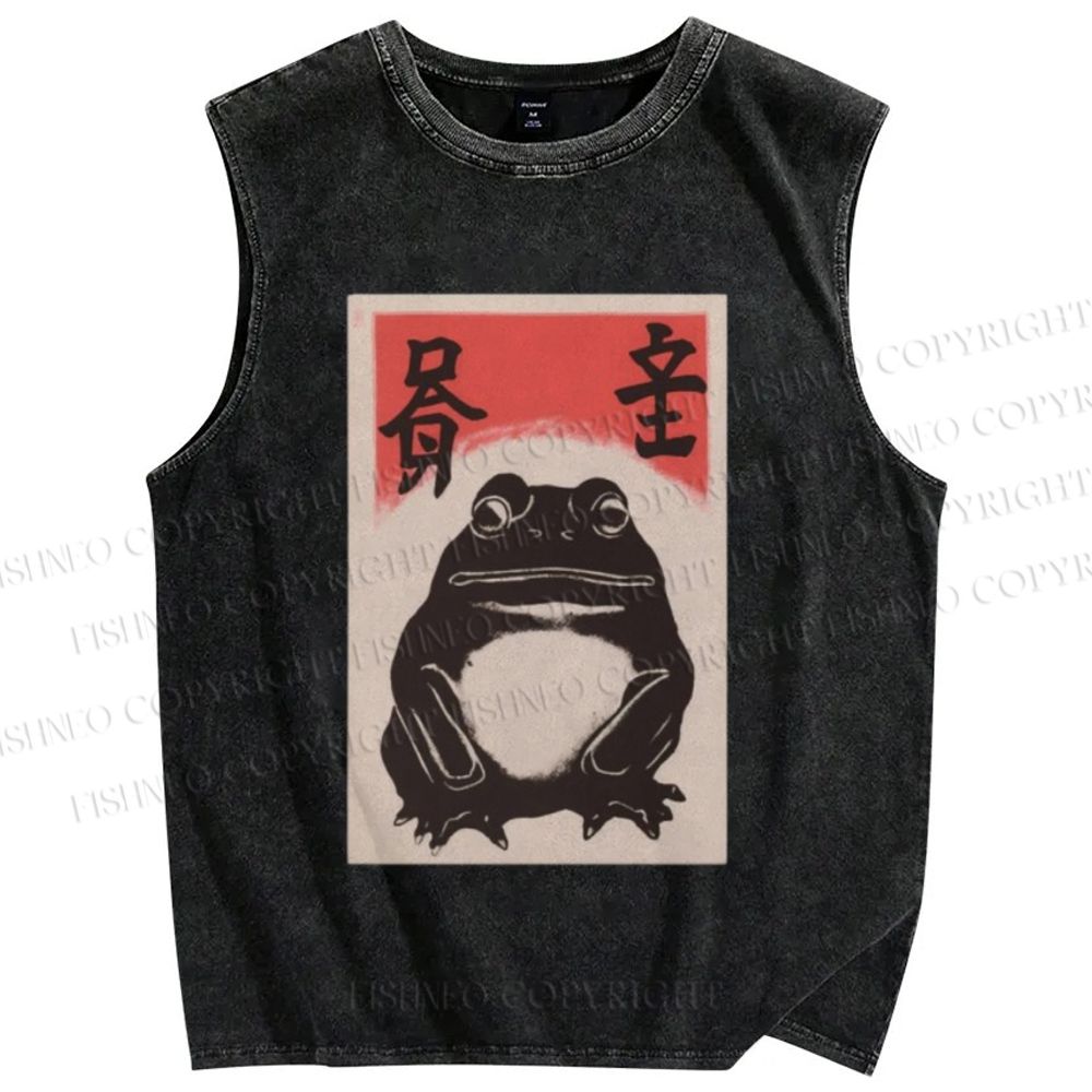 Unisex Funny Frog Vintage Printed Washed Tank Top