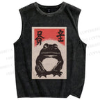 Unisex Funny Frog Vintage Printed Washed Tank Top