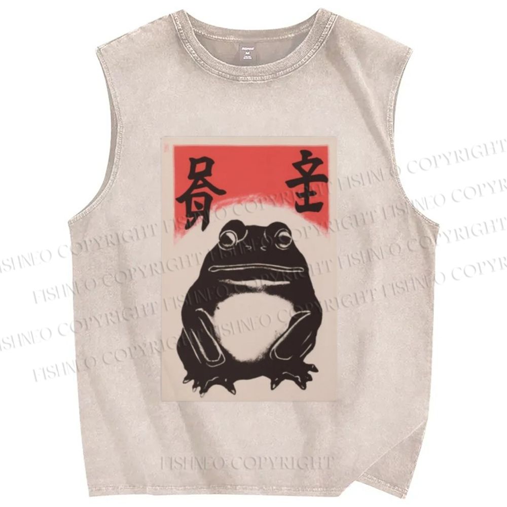 Unisex Funny Frog Vintage Printed Washed Tank Top
