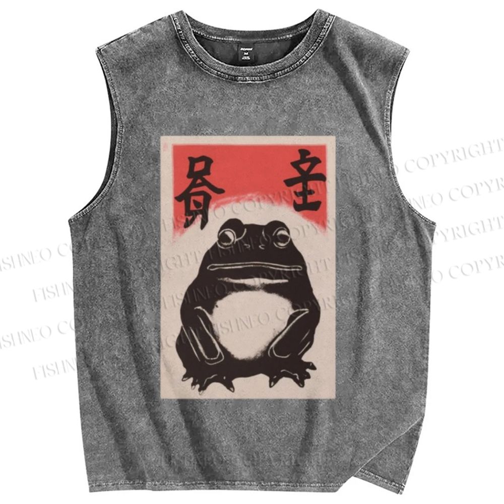 Unisex Funny Frog Vintage Printed Washed Tank Top
