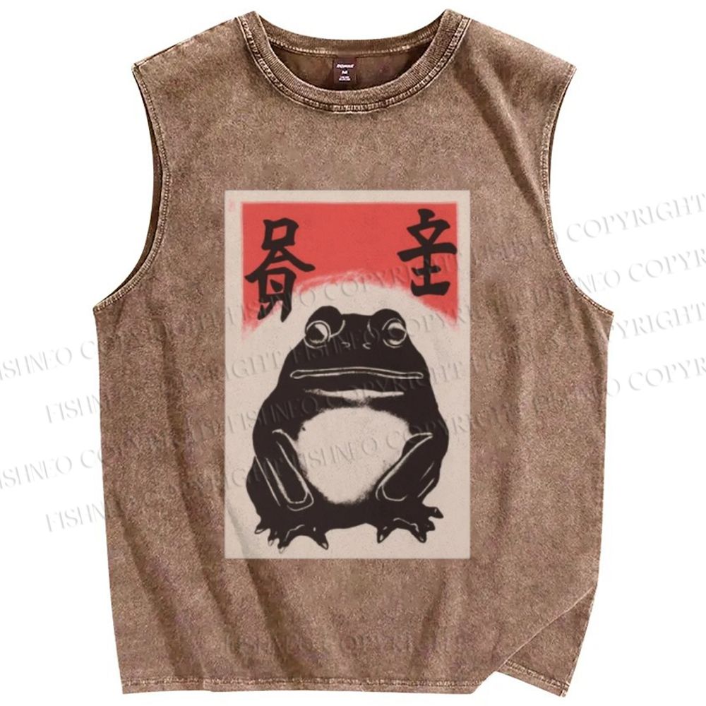 Unisex Funny Frog Vintage Printed Washed Tank Top
