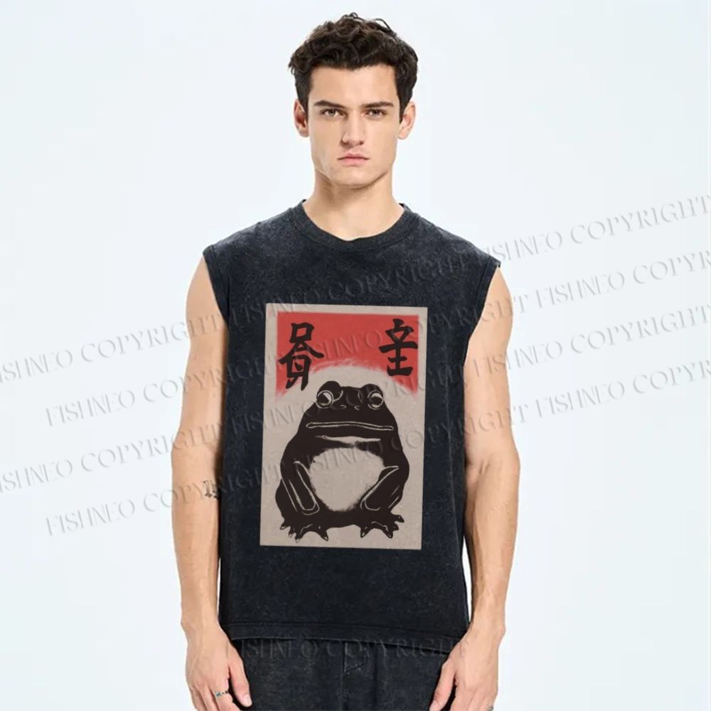 Unisex Funny Frog Vintage Printed Washed Tank Top