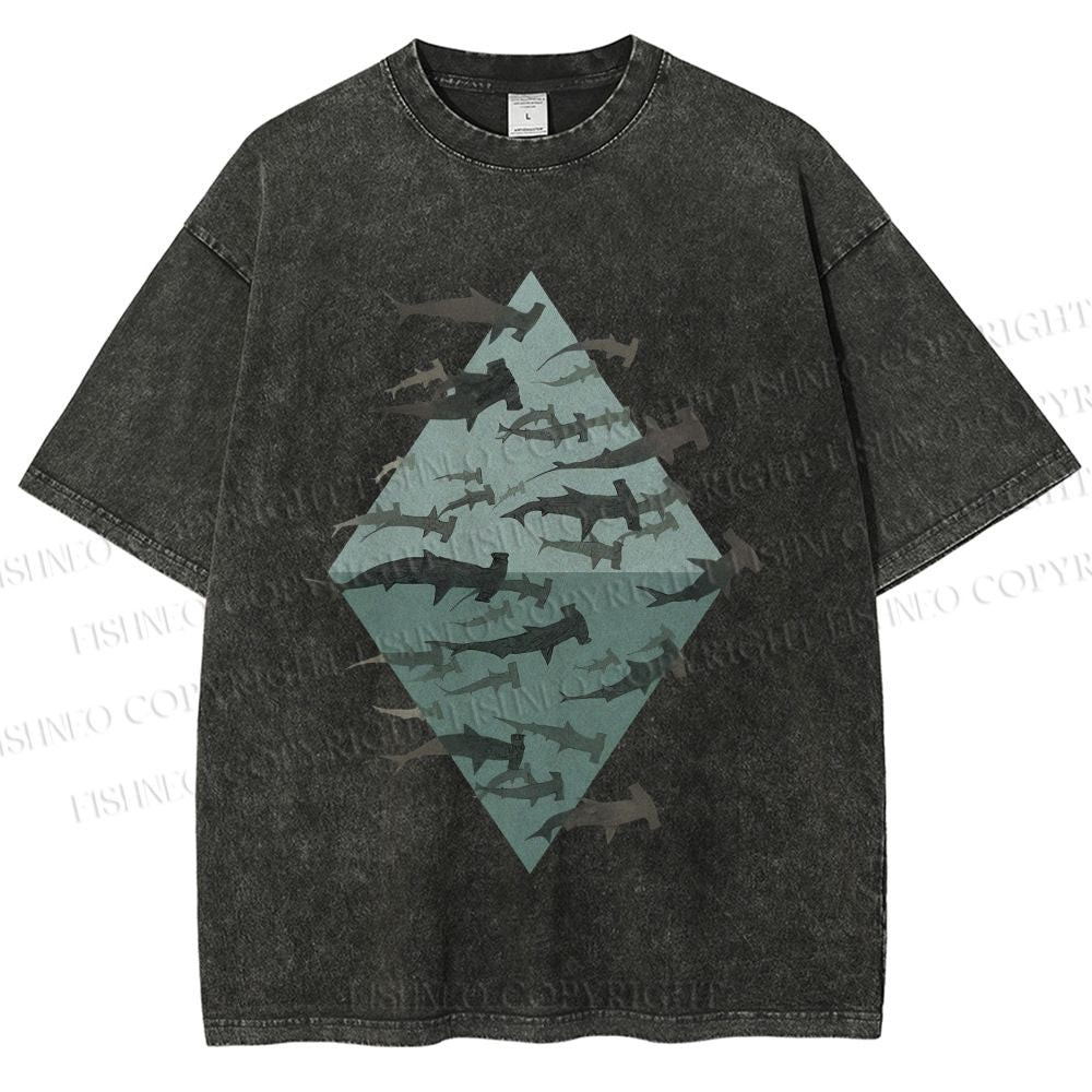 Unisex Hammerhead Shark Fish Printed Washed Tee