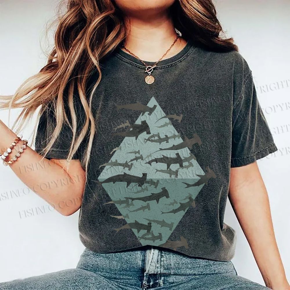 Unisex Hammerhead Shark Fish Printed Washed Tee