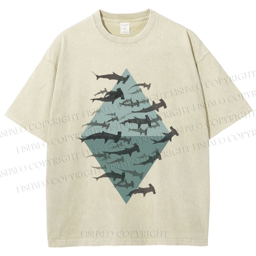 Unisex Hammerhead Shark Fish Printed Washed Tee
