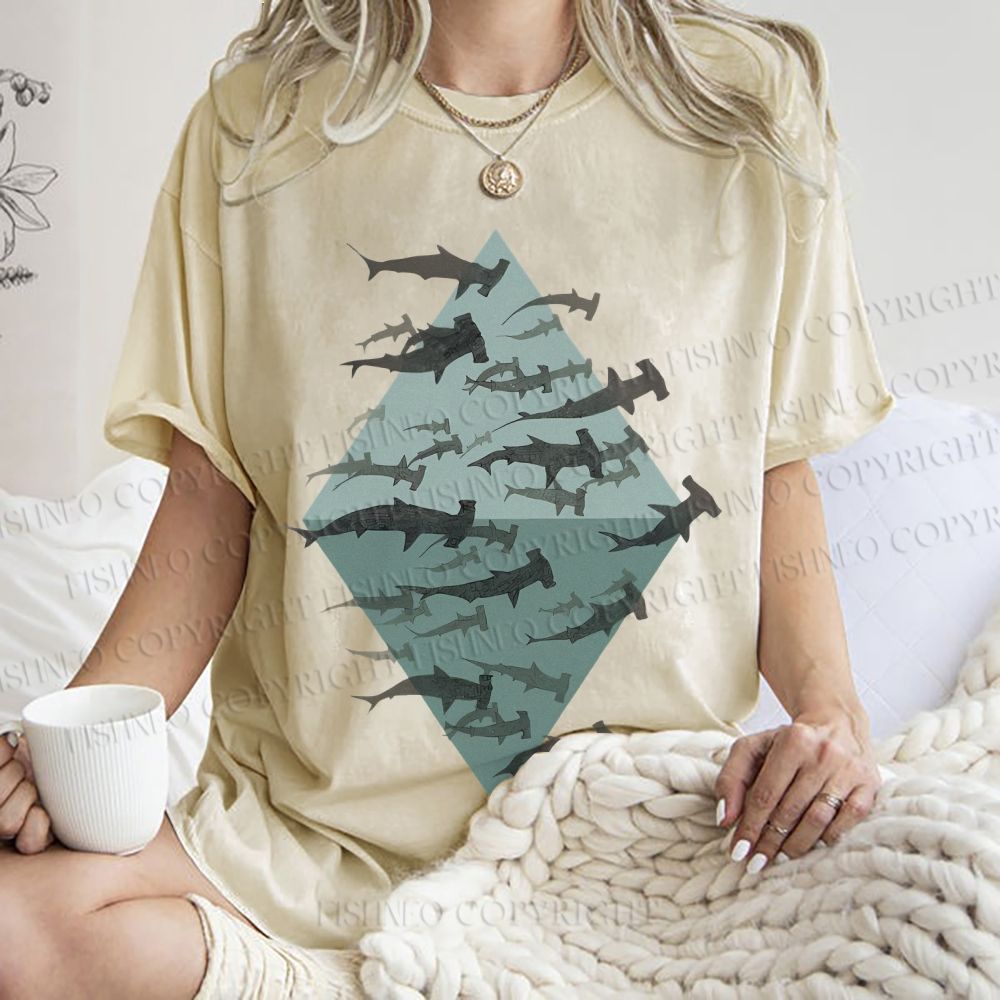 Unisex Hammerhead Shark Fish Printed Washed Tee