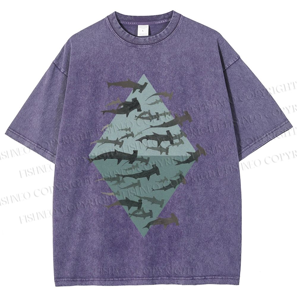 Unisex Hammerhead Shark Fish Printed Washed Tee