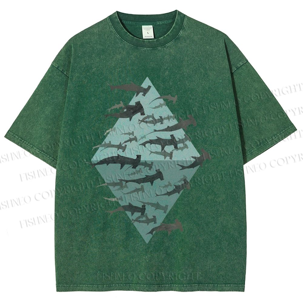 Unisex Hammerhead Shark Fish Printed Washed Tee