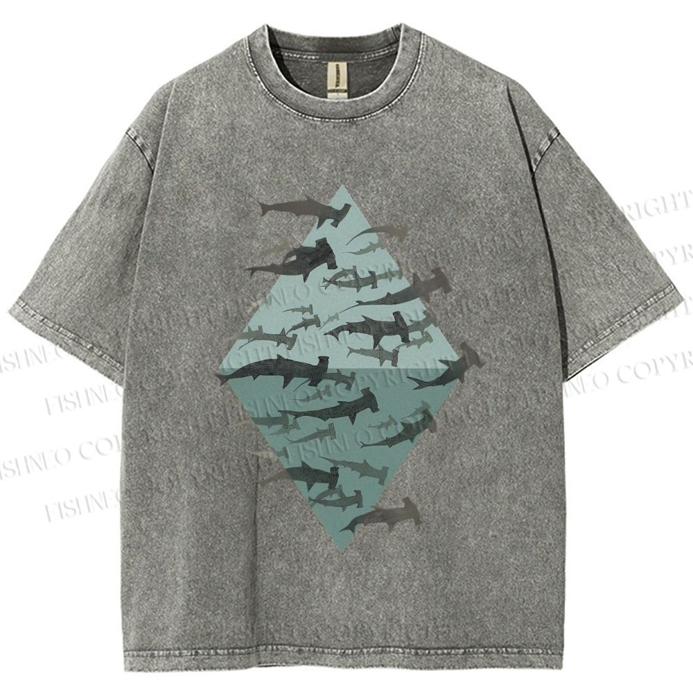 Unisex Hammerhead Shark Fish Printed Washed Tee