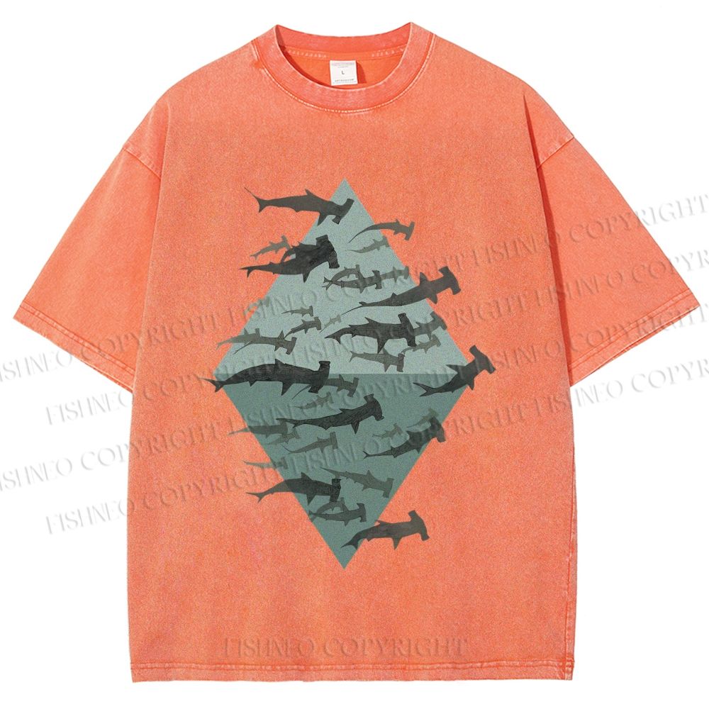 Unisex Hammerhead Shark Fish Printed Washed Tee