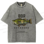 Unisex Vintage Outdoors Fishing Printed Washed Tee
