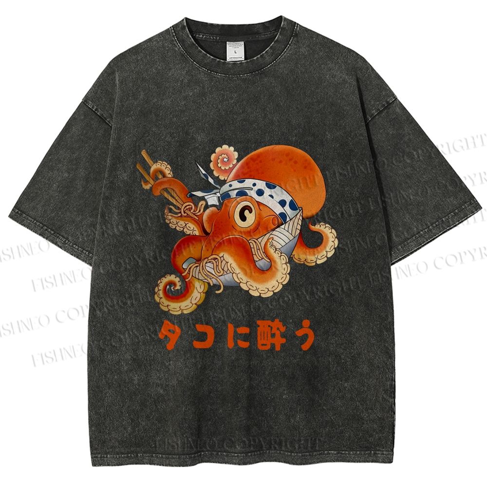 Unisex Vintage Japanese Octopus In Ramen Bowl Get Drunk Printed Washed Tee