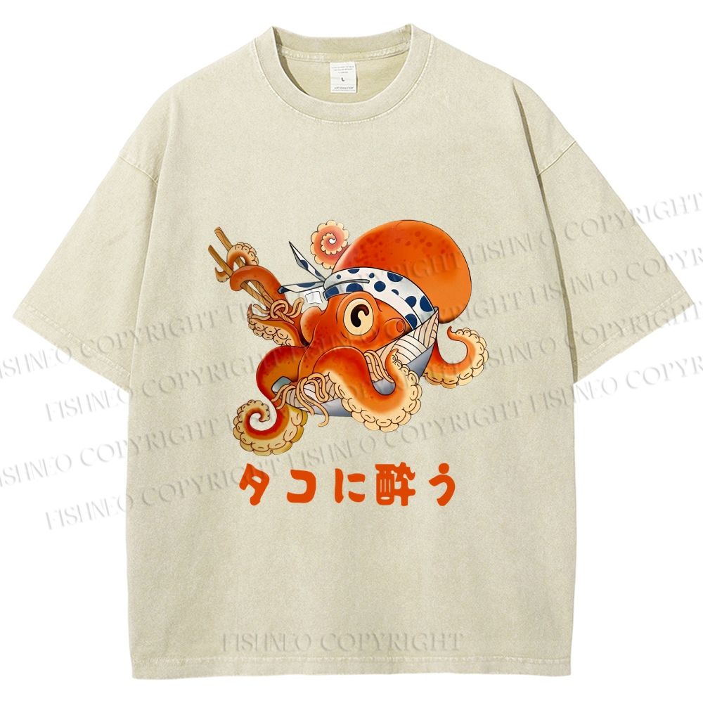 Unisex Vintage Japanese Octopus In Ramen Bowl Get Drunk Printed Washed Tee