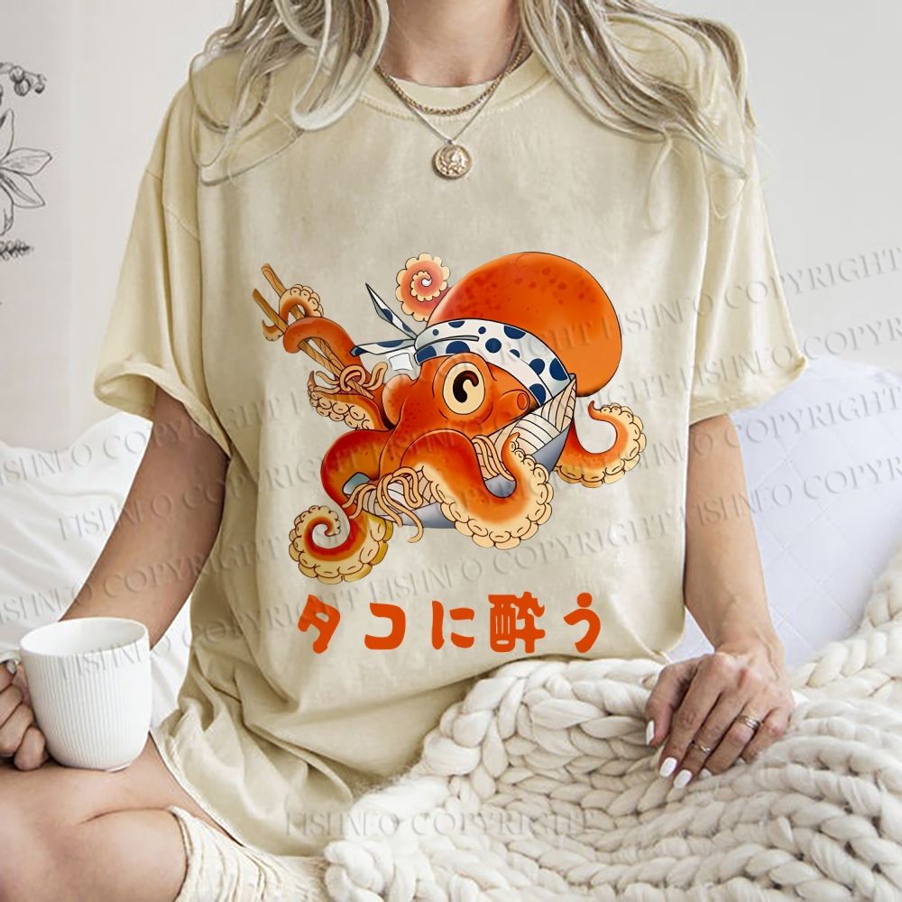 Unisex Vintage Japanese Octopus In Ramen Bowl Get Drunk Printed Washed Tee