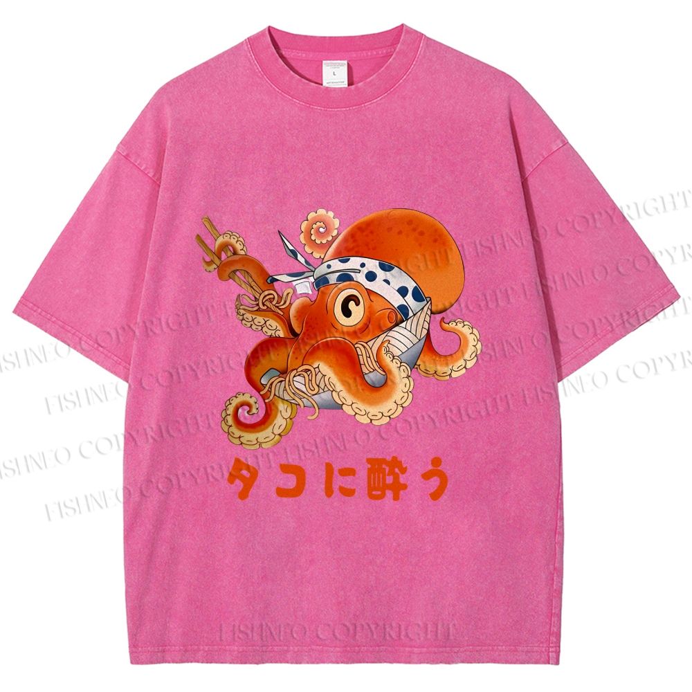 Unisex Vintage Japanese Octopus In Ramen Bowl Get Drunk Printed Washed Tee