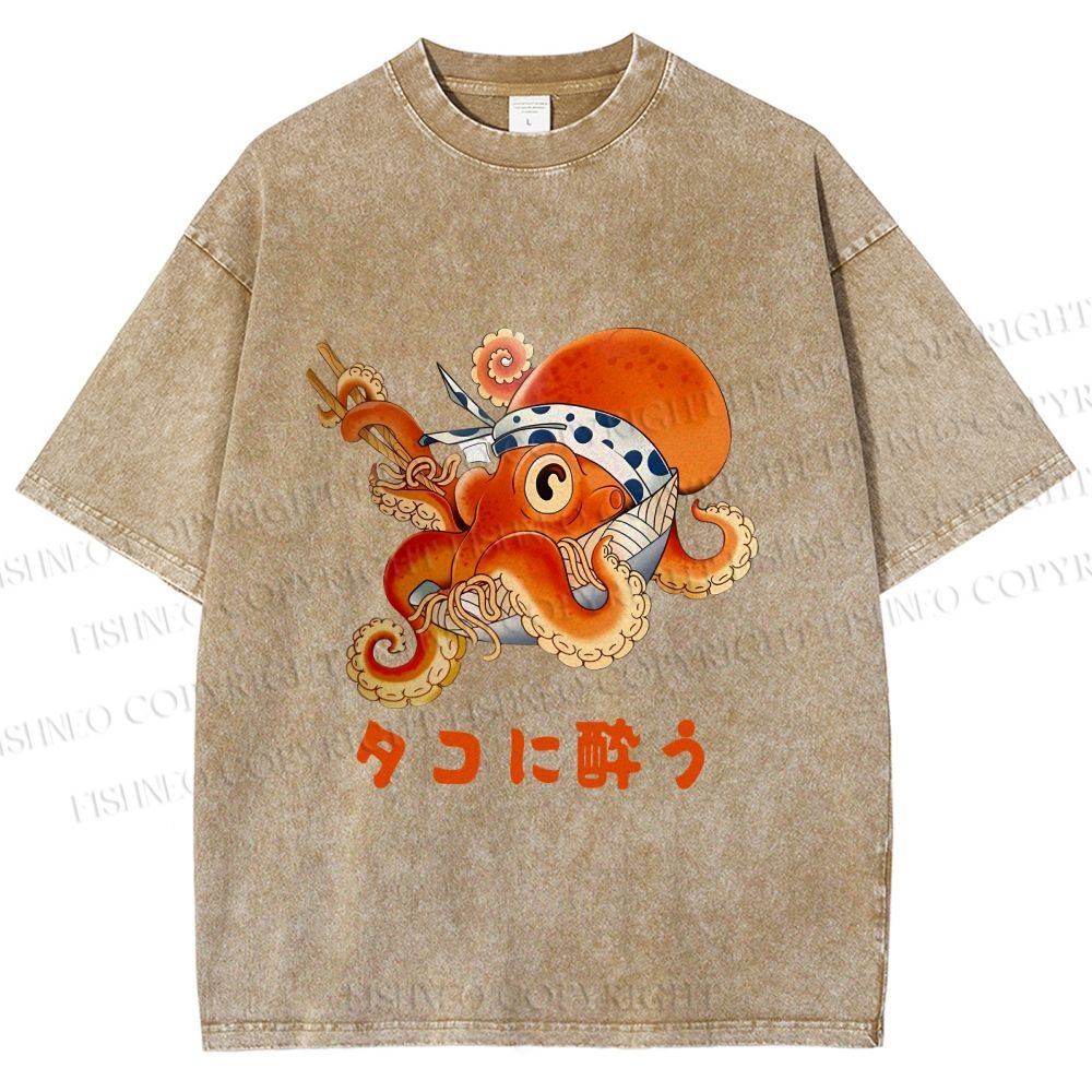Unisex Vintage Japanese Octopus In Ramen Bowl Get Drunk Printed Washed Tee