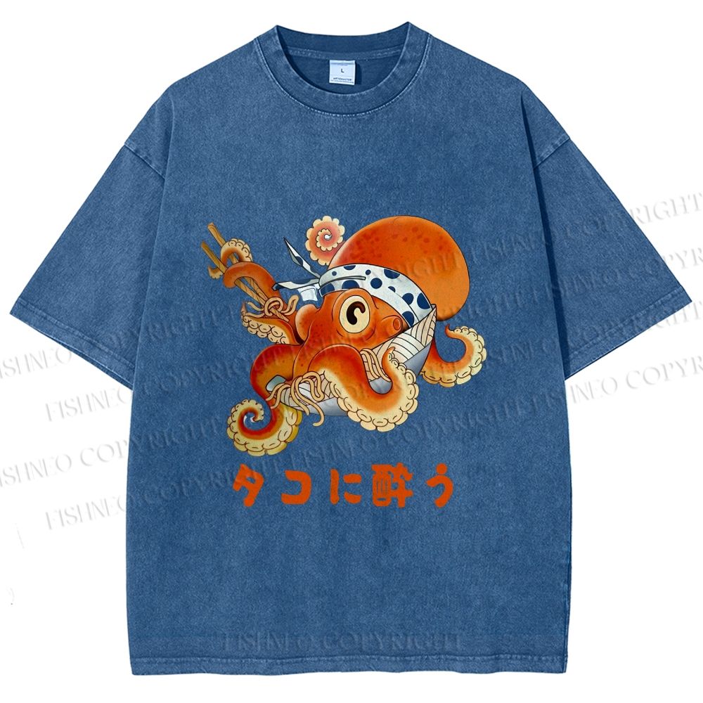 Unisex Vintage Japanese Octopus In Ramen Bowl Get Drunk Printed Washed Tee