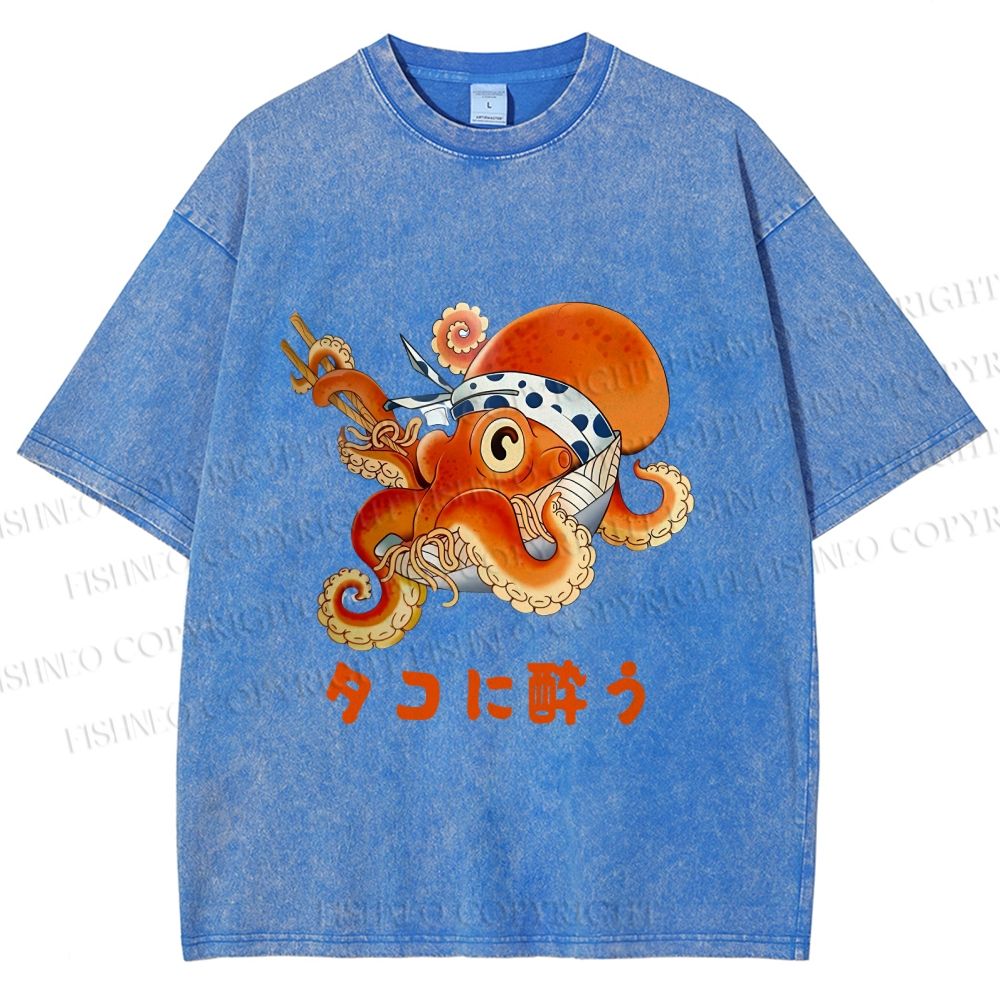 Unisex Vintage Japanese Octopus In Ramen Bowl Get Drunk Printed Washed Tee