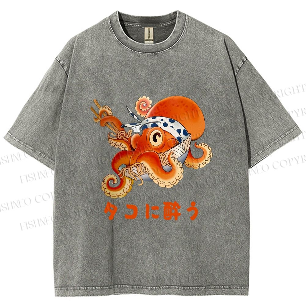 Unisex Vintage Japanese Octopus In Ramen Bowl Get Drunk Printed Washed Tee