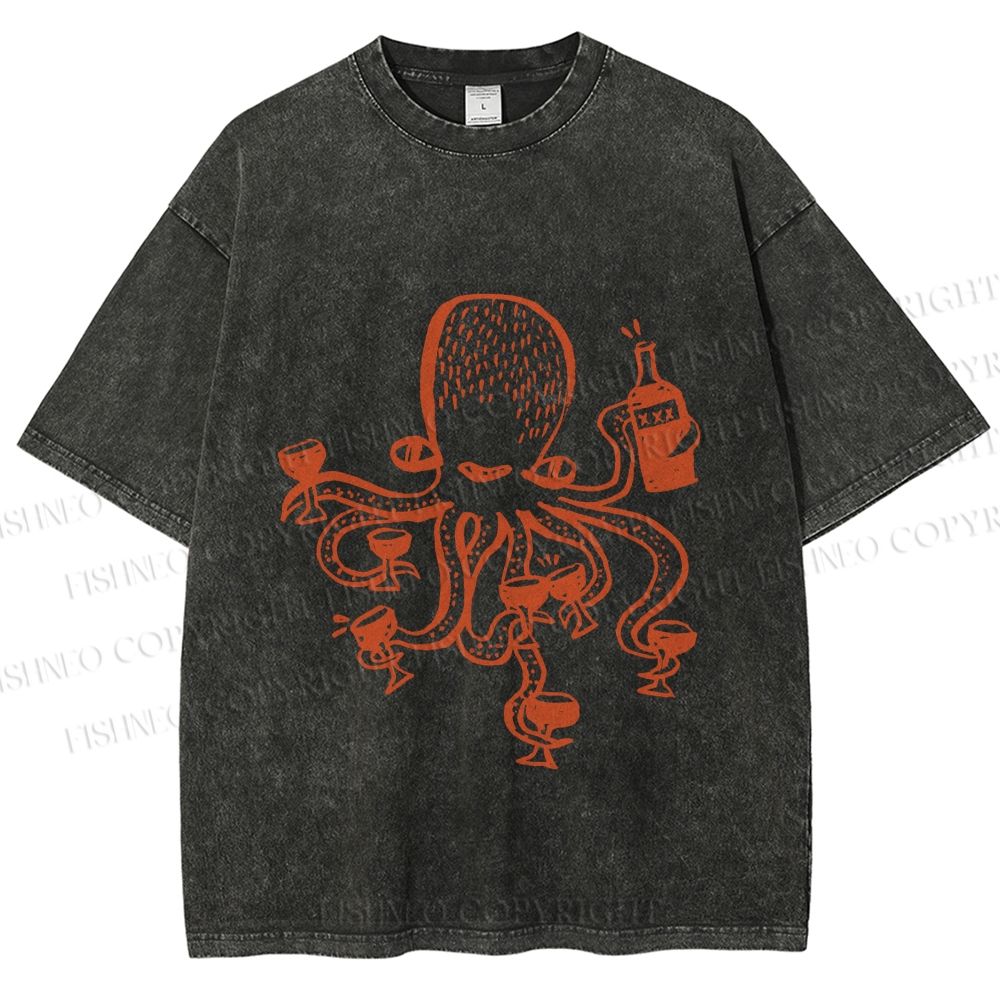Unisex Funny Octopus Get Drunk Printed Washed Tee